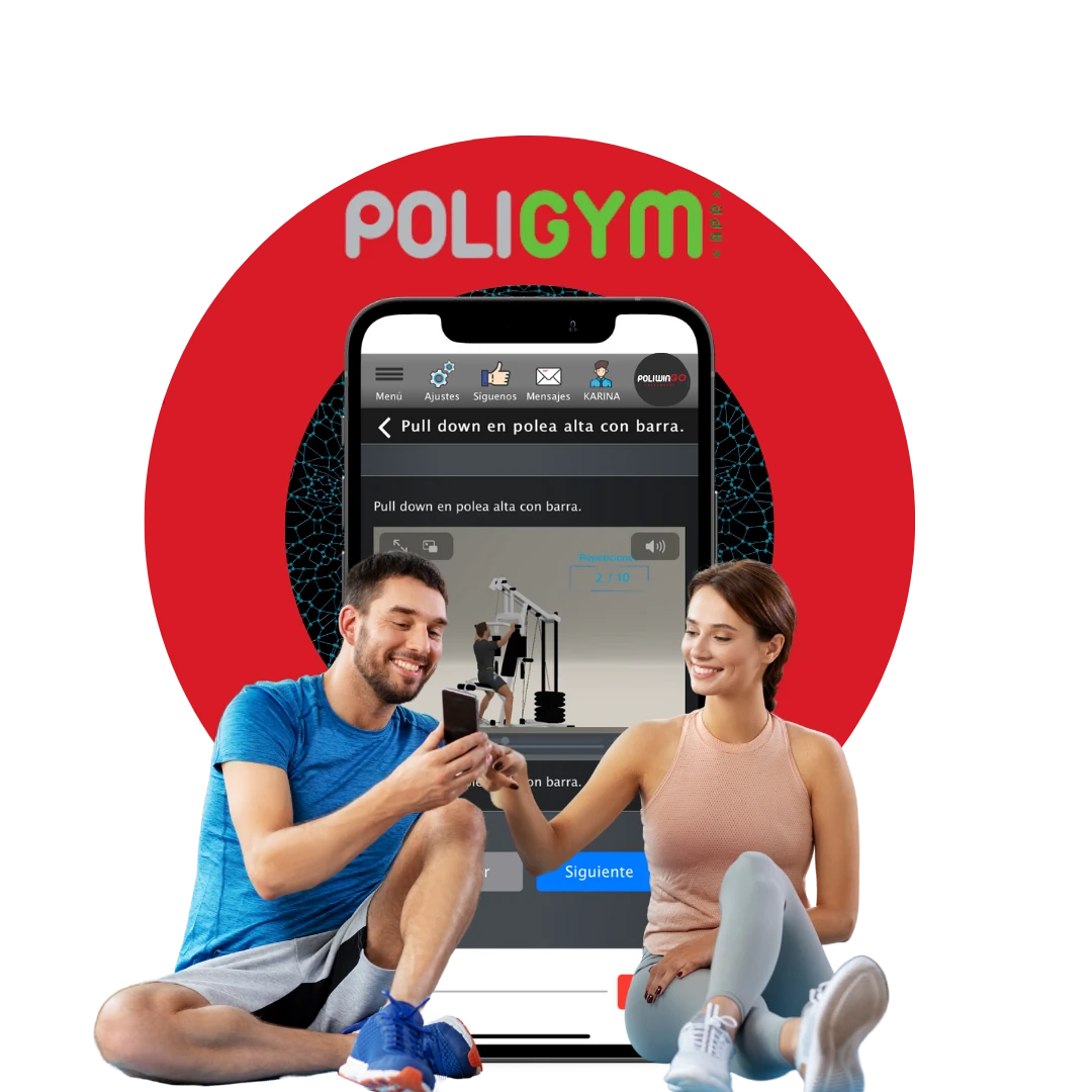 App Poligym, Celular Y 2 Deportistas Interactuando Con El Celular